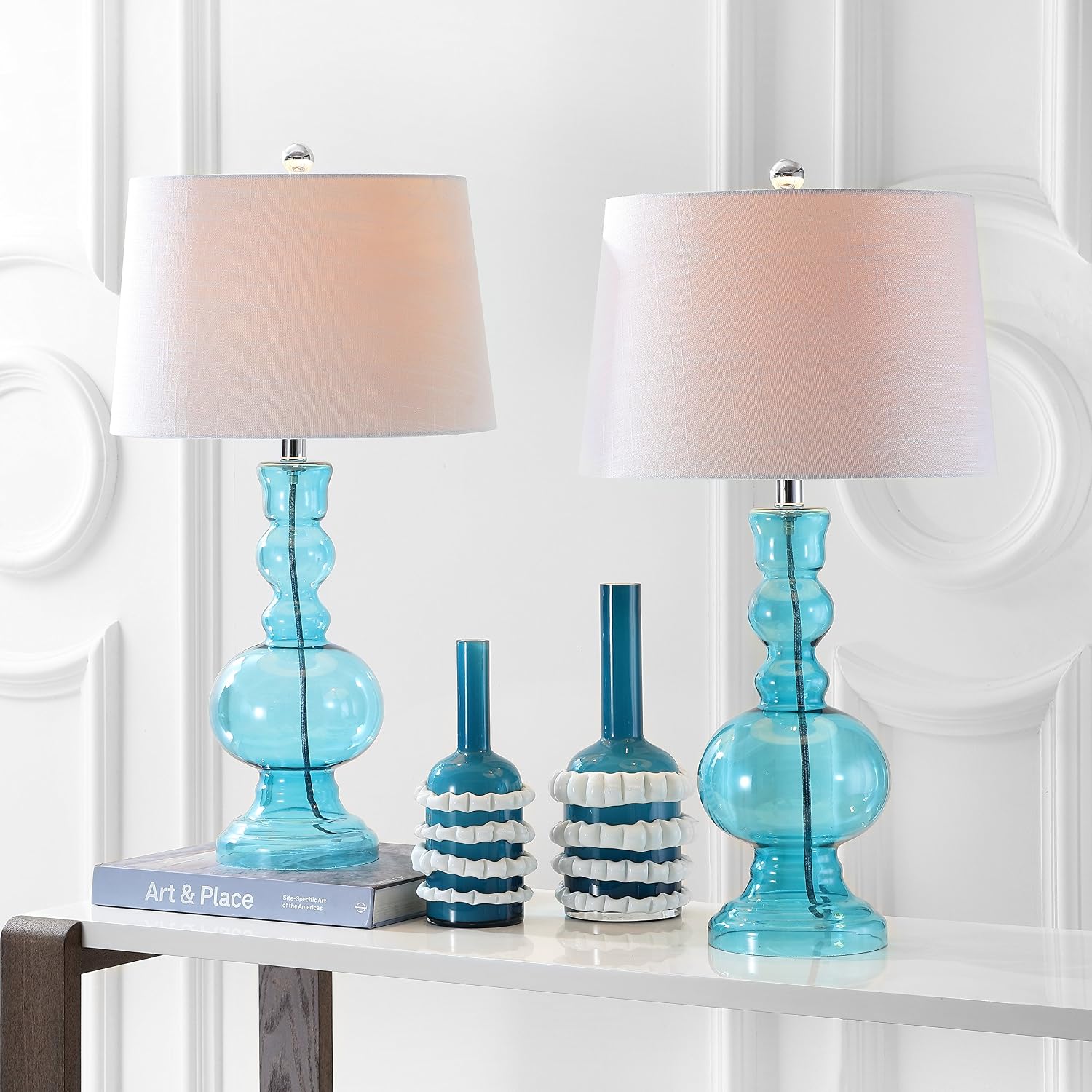 JONATHAN Y 28.5' Blue Glass Table Lamp Set of 2 for Living Room Bedroom Decor, Modern Bedside Lamps with White Linen Shade, LED Bulbs Included JYL1061A-SET2
