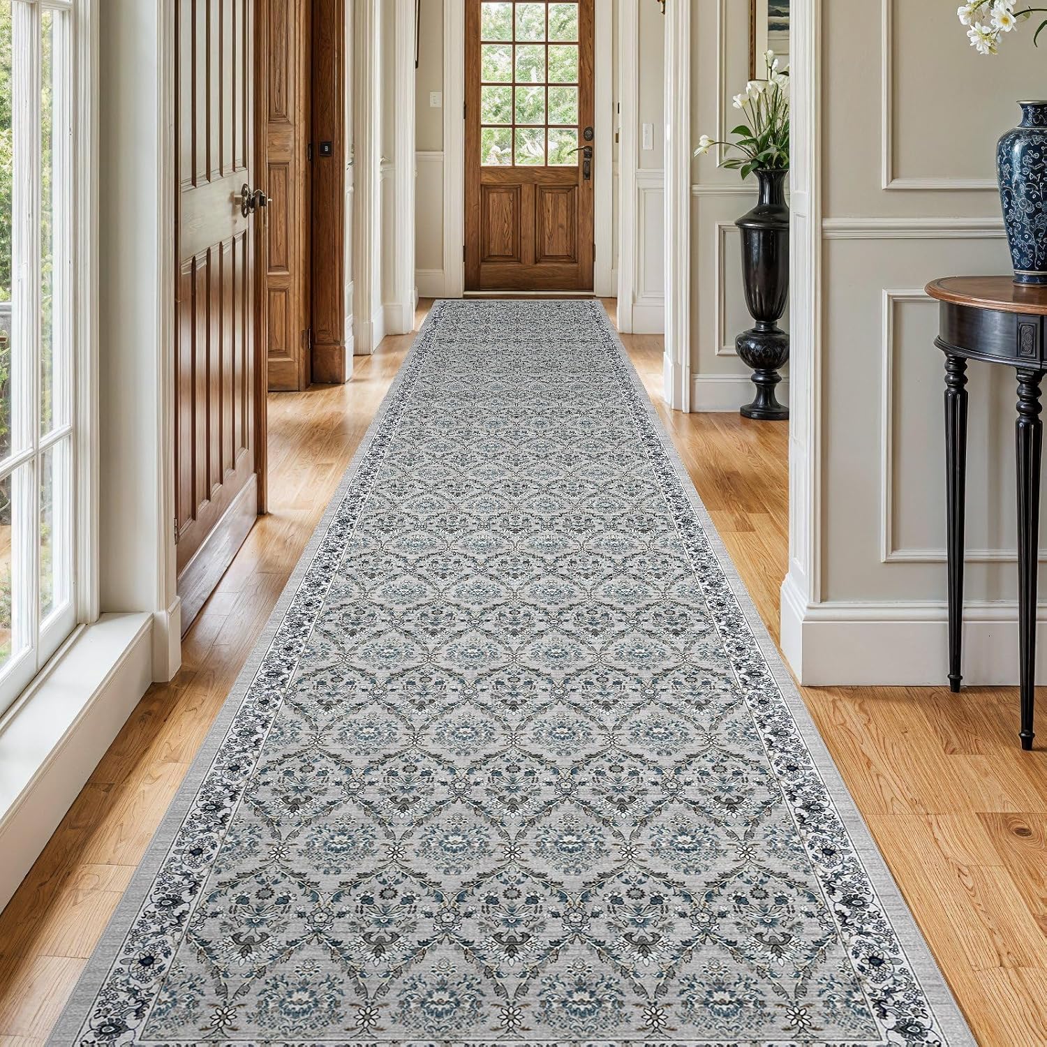 Washable 3x16 Hallway Runner Rug - Soft Kitchen Runner Rugs with Non Slip Rubber Backing Low-Pile Floral Carpet Runners for Bathroom Entryway Laundry Room Home Decor (Grey Blue,3x16)
