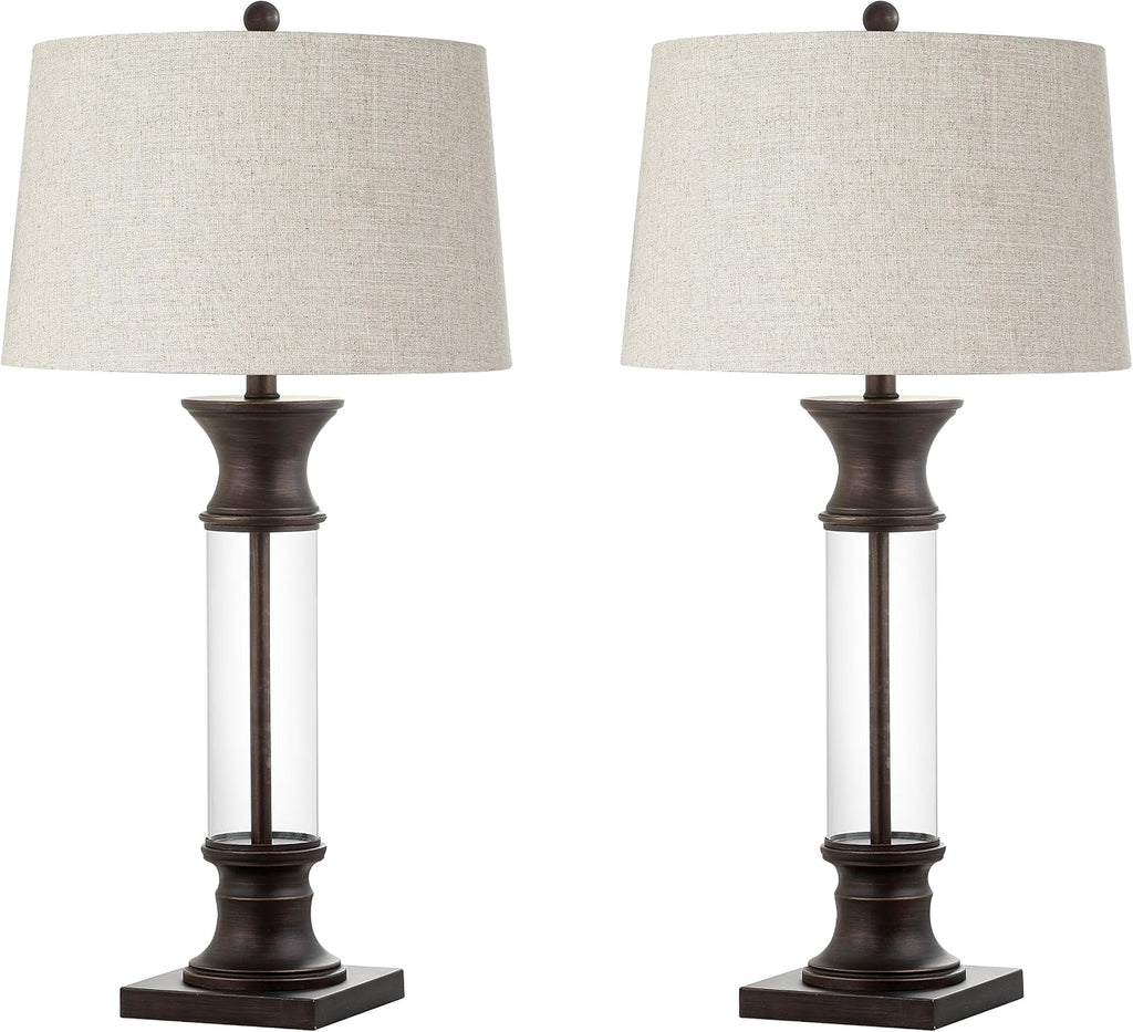 JONATHAN Y 32' Bronze and Clear Glass Table Lamp Set of 2 for Living Room, Rustic Farmhouse Bedside Nightstand Lamps with Gray Linen Drum Shade, LED Bulbs Included JYL4000A-SET2