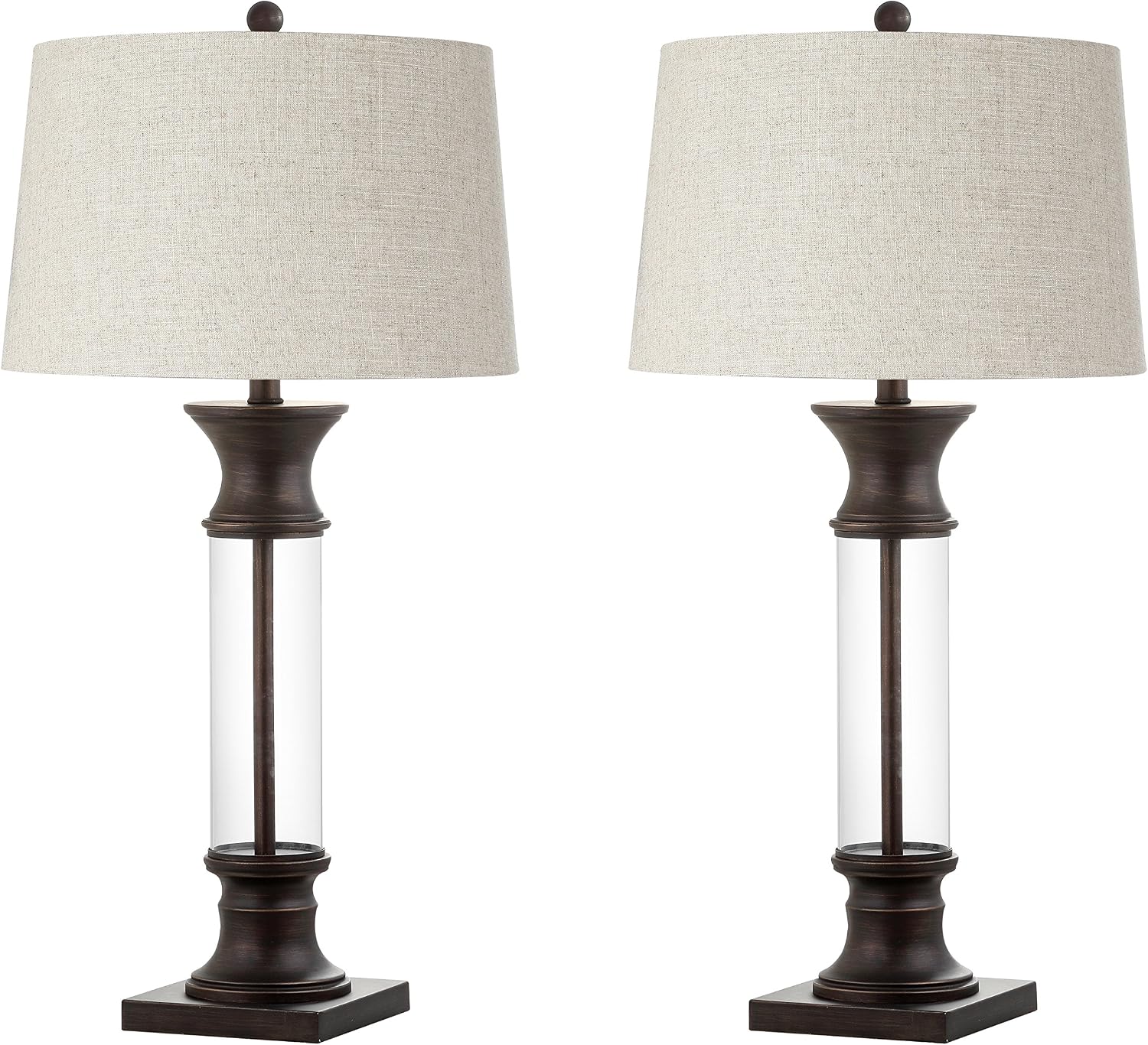 JONATHAN Y 32' Bronze and Clear Glass Table Lamp Set of 2 for Living Room, Rustic Farmhouse Bedside Nightstand Lamps with Gray Linen Drum Shade, LED Bulbs Included JYL4000A-SET2