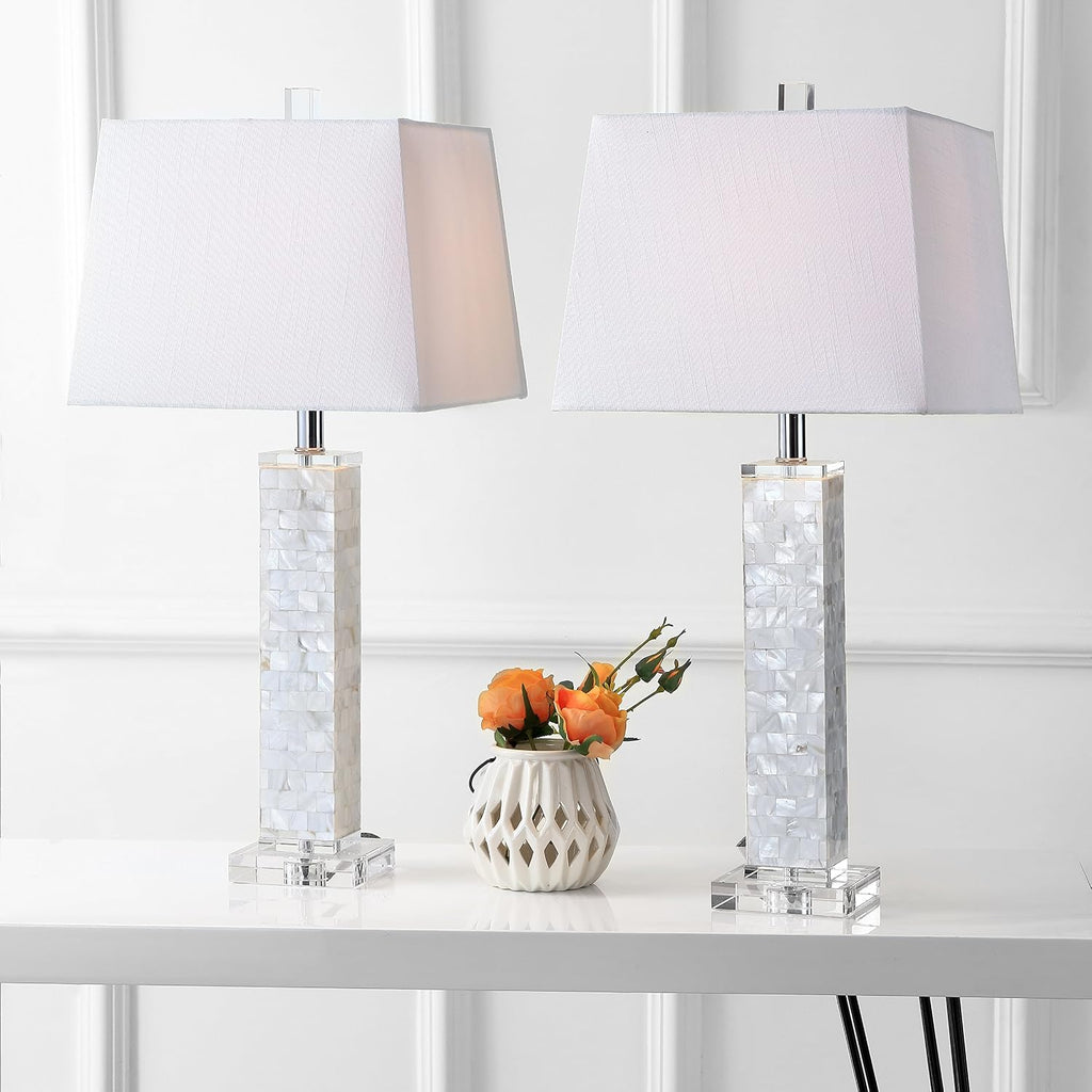 JONATHAN Y 28.5' White Mother-of-Pearl Seashell LED Table Lamp Set of 2, Coastal Contemporary Mosaic Pillar for Living Room, Crystal Base, White Linen Shade, LED Bulbs Included JYL1053A-SET2