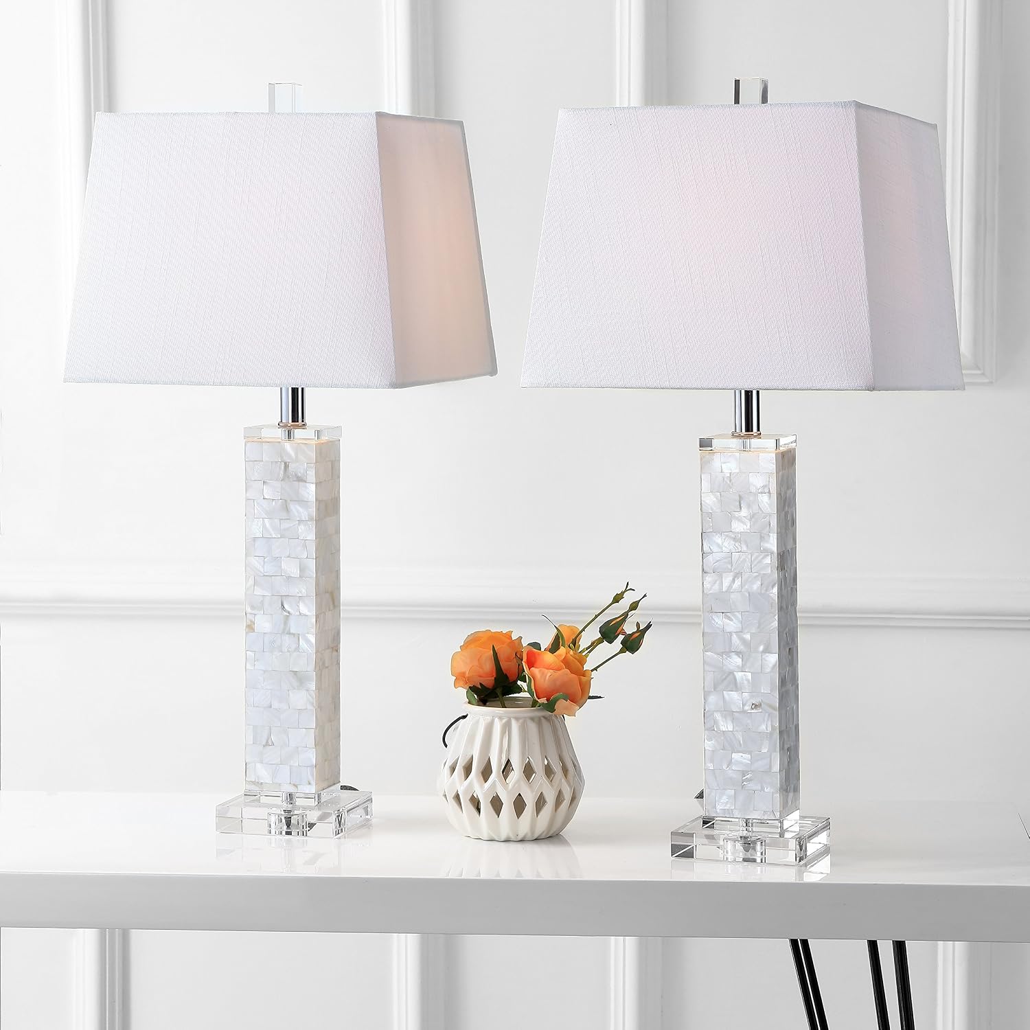 JONATHAN Y 28.5' White Mother-of-Pearl Seashell LED Table Lamp Set of 2, Coastal Contemporary Mosaic Pillar for Living Room, Crystal Base, White Linen Shade, LED Bulbs Included JYL1053A-SET2