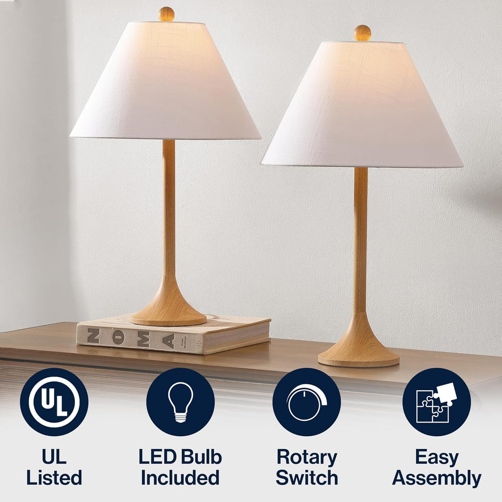 JONATHAN Y 25' Brown Wood Finish Modern Coastal Iron Table Lamp Set of 2, Faux Wood Grain Column Bedside Lamps for Living Room, White Linen Shade, LED Bulbs Included JYL5507A-SET2