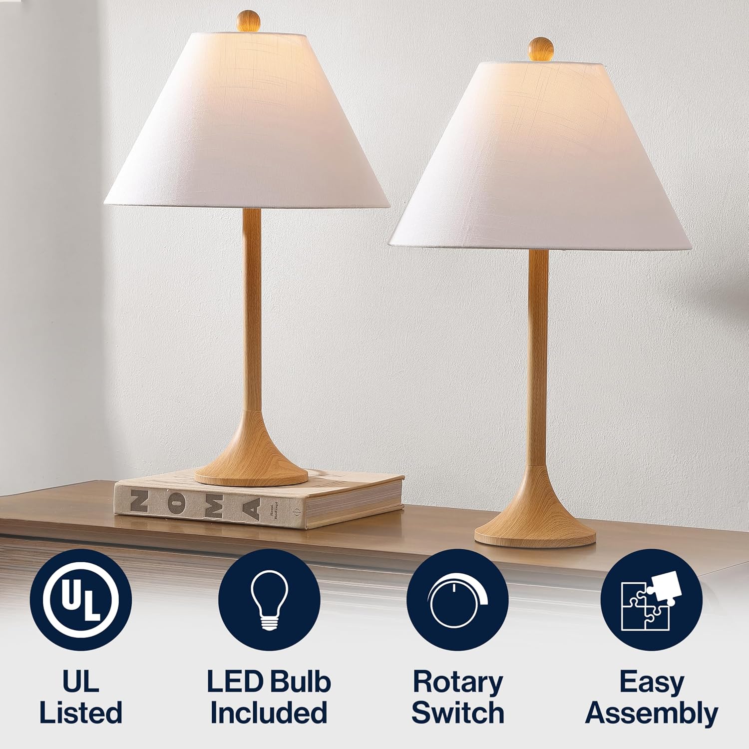 JONATHAN Y 25' Brown Wood Finish Modern Coastal Iron Table Lamp Set of 2, Faux Wood Grain Column Bedside Lamps for Living Room, White Linen Shade, LED Bulbs Included JYL5507A-SET2