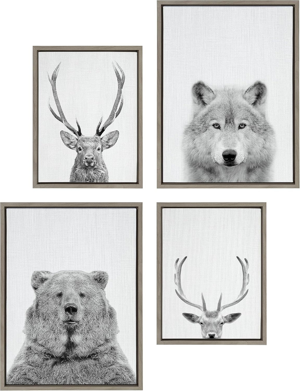 Kate and Laurel Sylvie Deer, Wolf, Bear European and Cervus Elaphus The Red Deer Black and White Framed Canvas Wall Art Set by Simon Te of Tai Prints, 4 Piece Set Gray, Animal Portrait Art