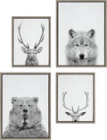 Kate and Laurel Sylvie Deer, Wolf, Bear European and Cervus Elaphus The Red Deer Black and White Framed Canvas Wall Art Set by Simon Te of Tai Prints, 4 Piece Set Gray, Animal Portrait Art