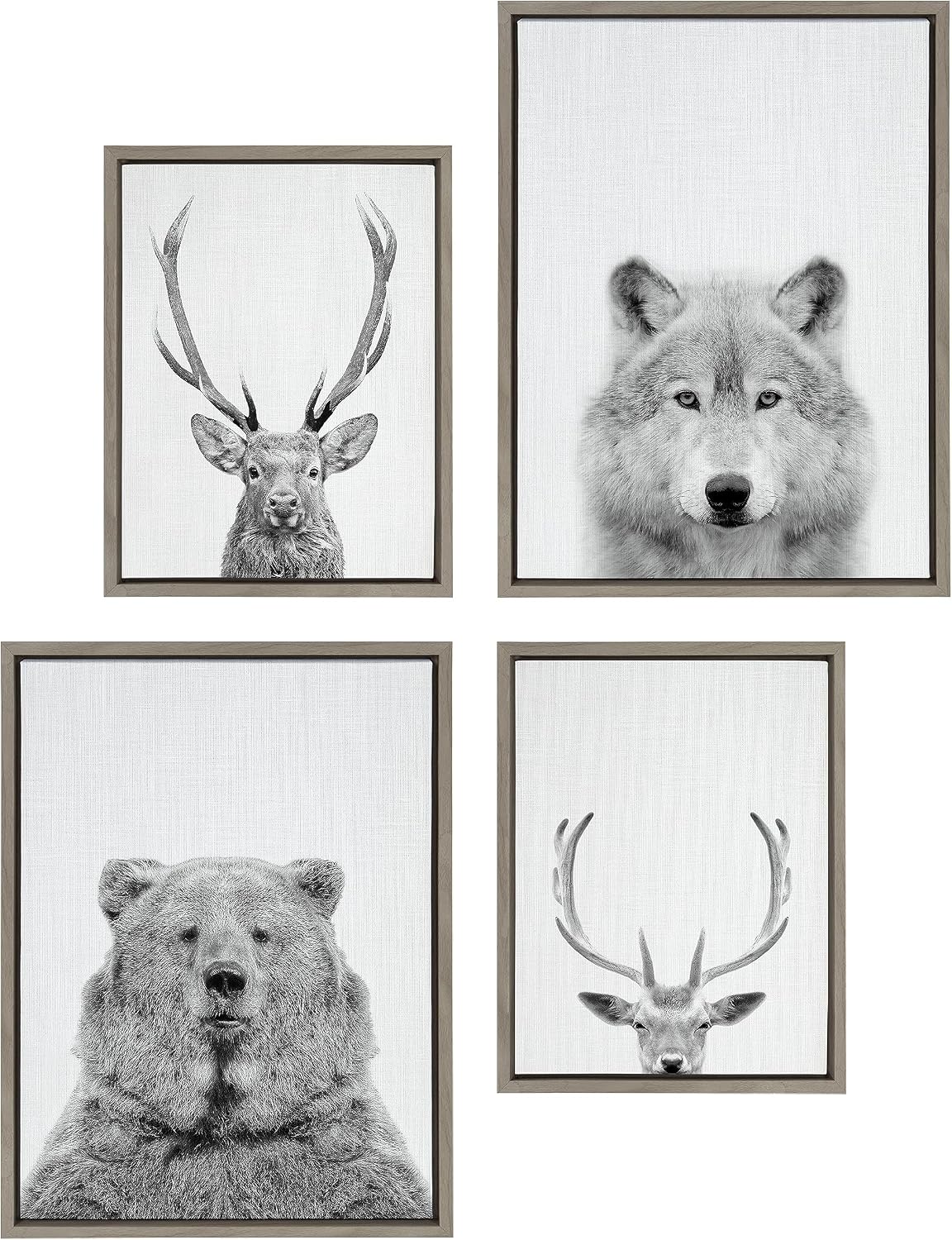 Kate and Laurel Sylvie Deer, Wolf, Bear European and Cervus Elaphus The Red Deer Black and White Framed Canvas Wall Art Set by Simon Te of Tai Prints, 4 Piece Set Gray, Animal Portrait Art