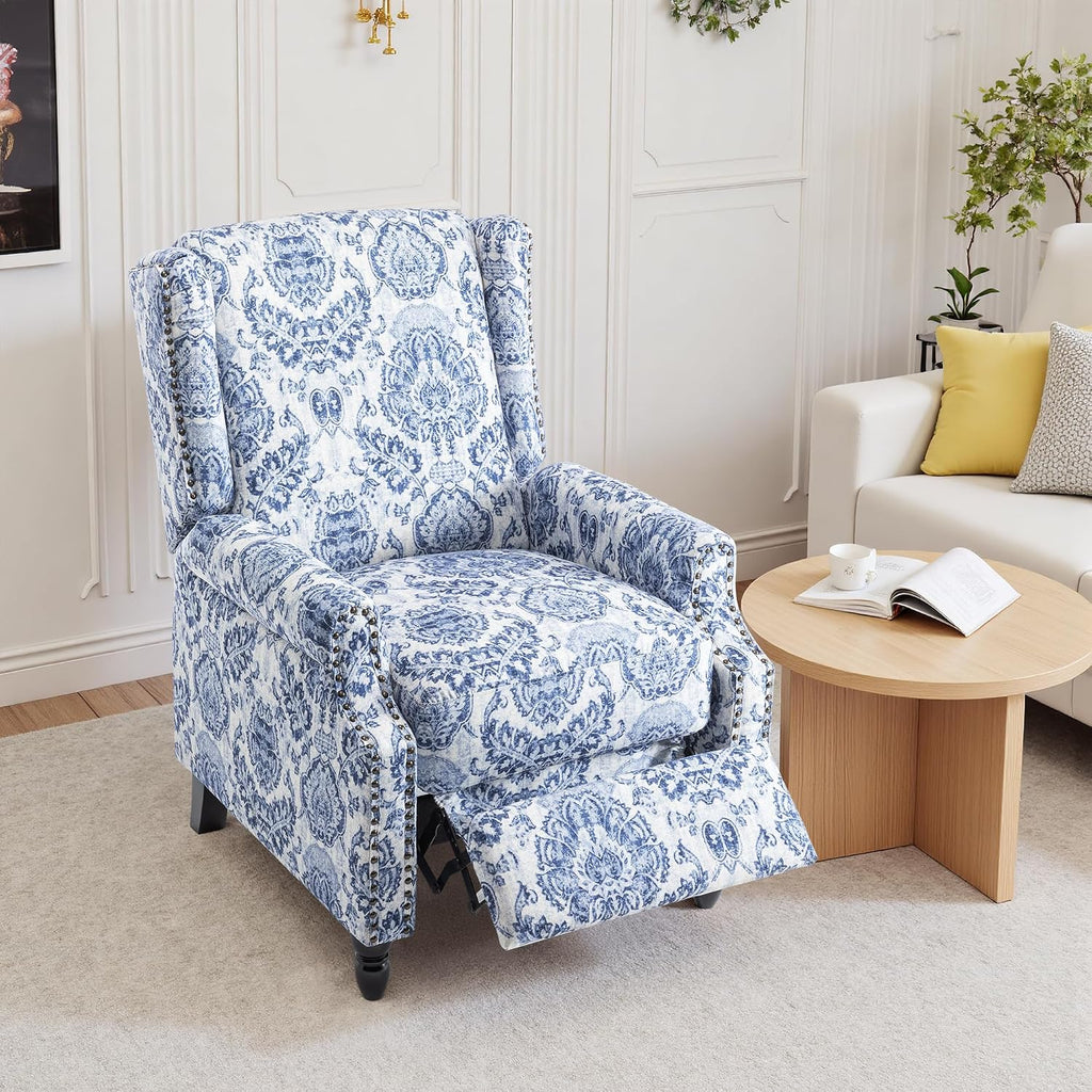 Pushback Recliner Chair, Floral Fabric Wingback Recliner Chair, Upholstered Rivet Trim Armchair Push Back Recliner Accent Chair for Small Spaces, Living Room, Navy