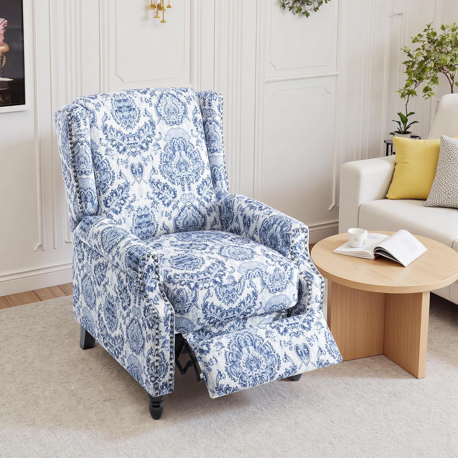 Pushback Recliner Chair, Floral Fabric Wingback Recliner Chair, Upholstered Rivet Trim Armchair Push Back Recliner Accent Chair for Small Spaces, Living Room, Navy
