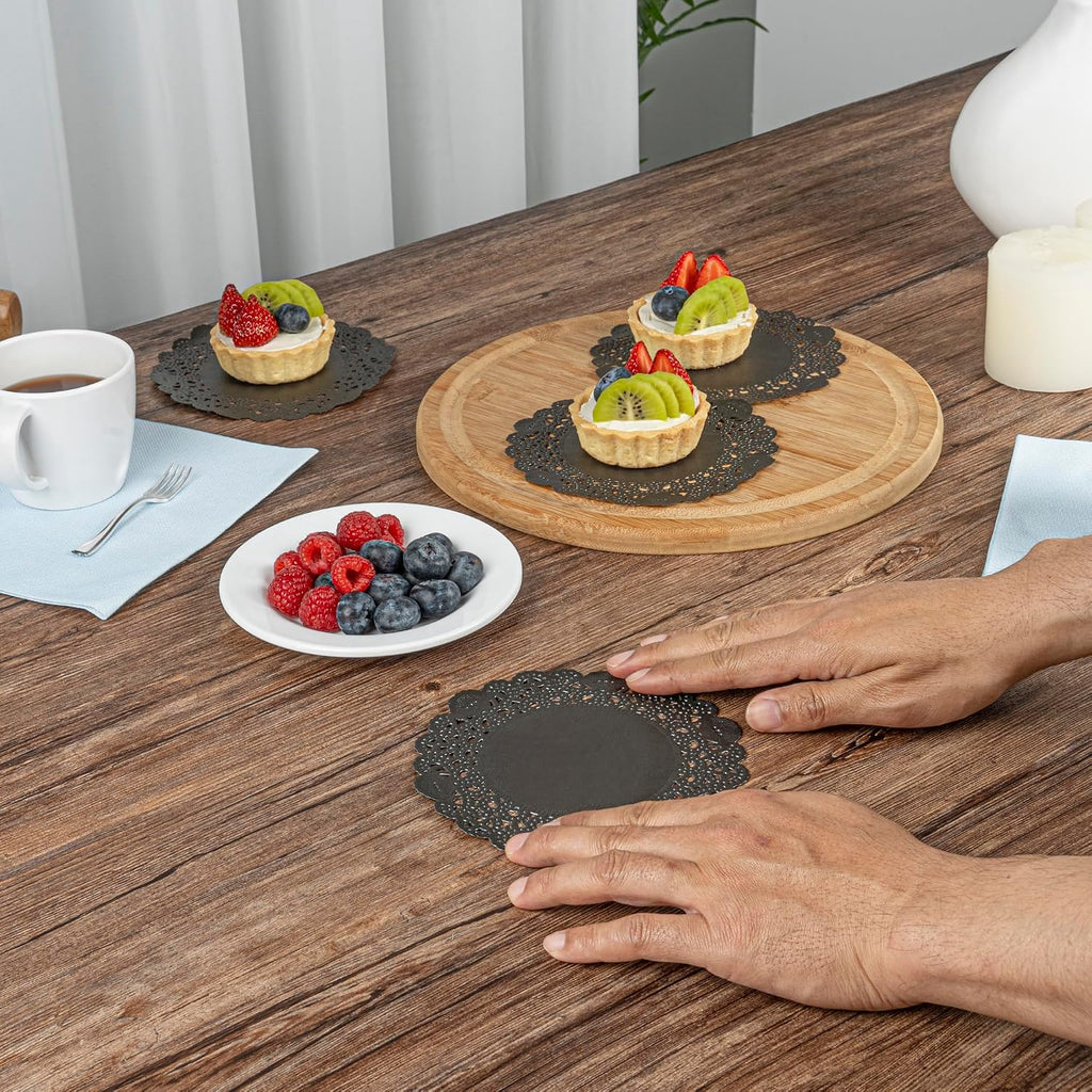 Restaurantware Black Paper Doilies 4000 Count 8 x 8 Inch, Disposable, Long Lasting Absorbent Paper Doilies for Tables with Elegant Lace Finish for Pastries, Cupcakes, Cookies and Desserts