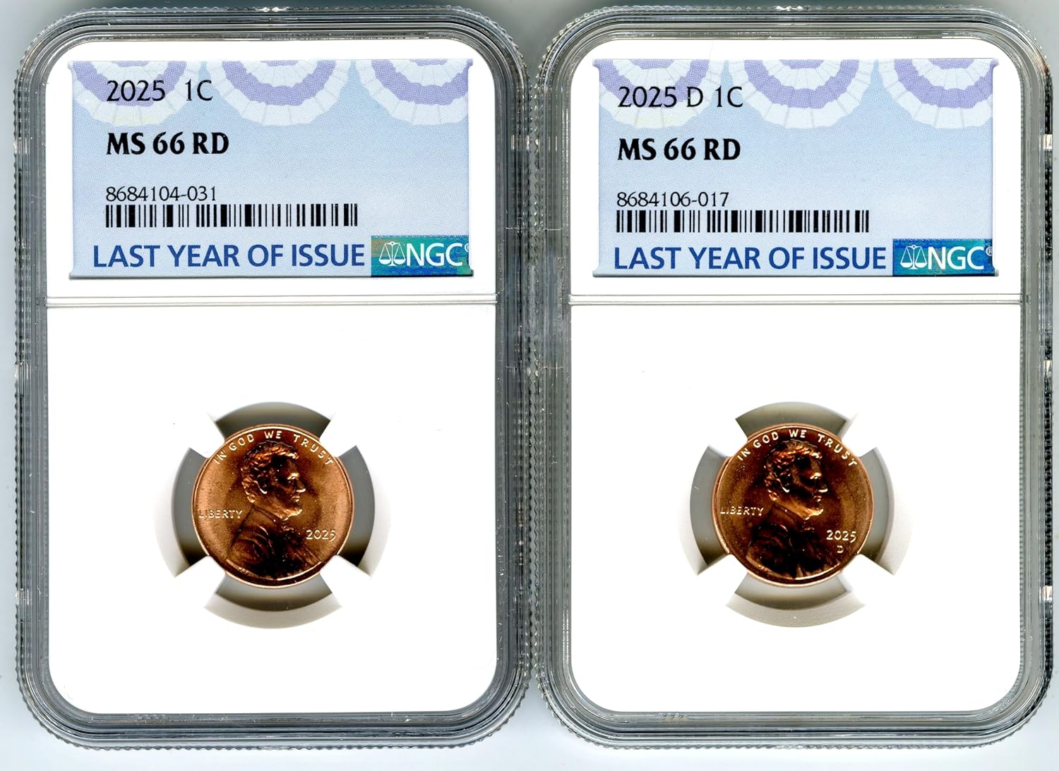2025 P & D US Mint Lincoln Penny Union Shield 2-Coin Cent Set NGC MS66 RD Last Year of Issue Blue Label