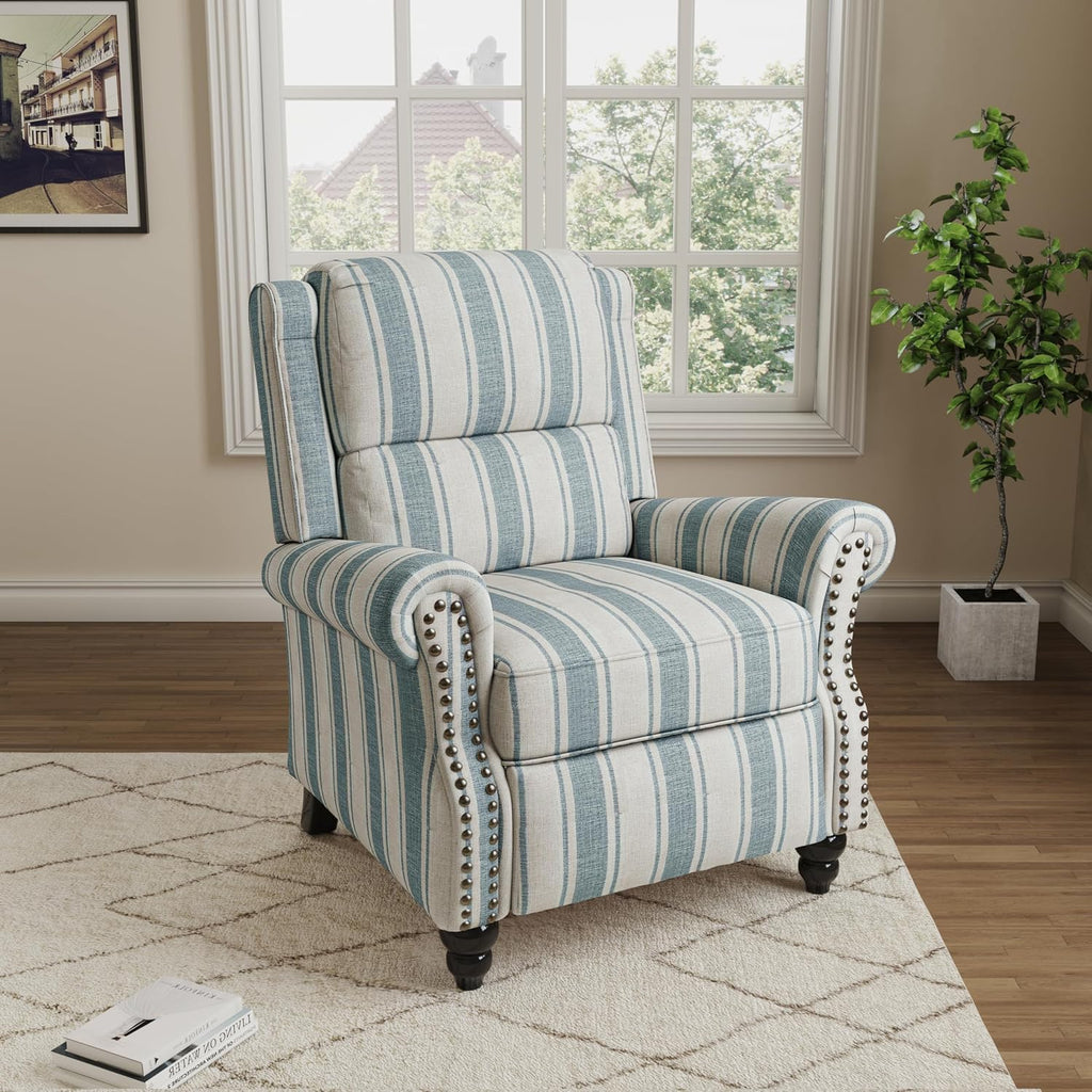 Pushback Recliner Chair, Comfy Fabric Wingback Recliner Chair, Upholstered Armchair Push Back Recliner with Wood Legs, Rivet Trim Single Sofa Accent Chair for Living Room, Bedroom, Blue Stripe
