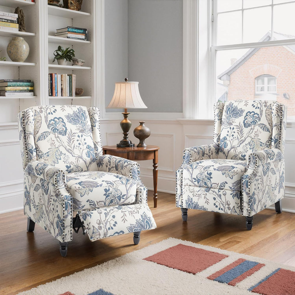 Set of 2 Floral Pushback Recliner Chairs, Fabric Upholstered Rivet Trim Accent Club Chairs for Living Room, Home Theater- Bule Plant