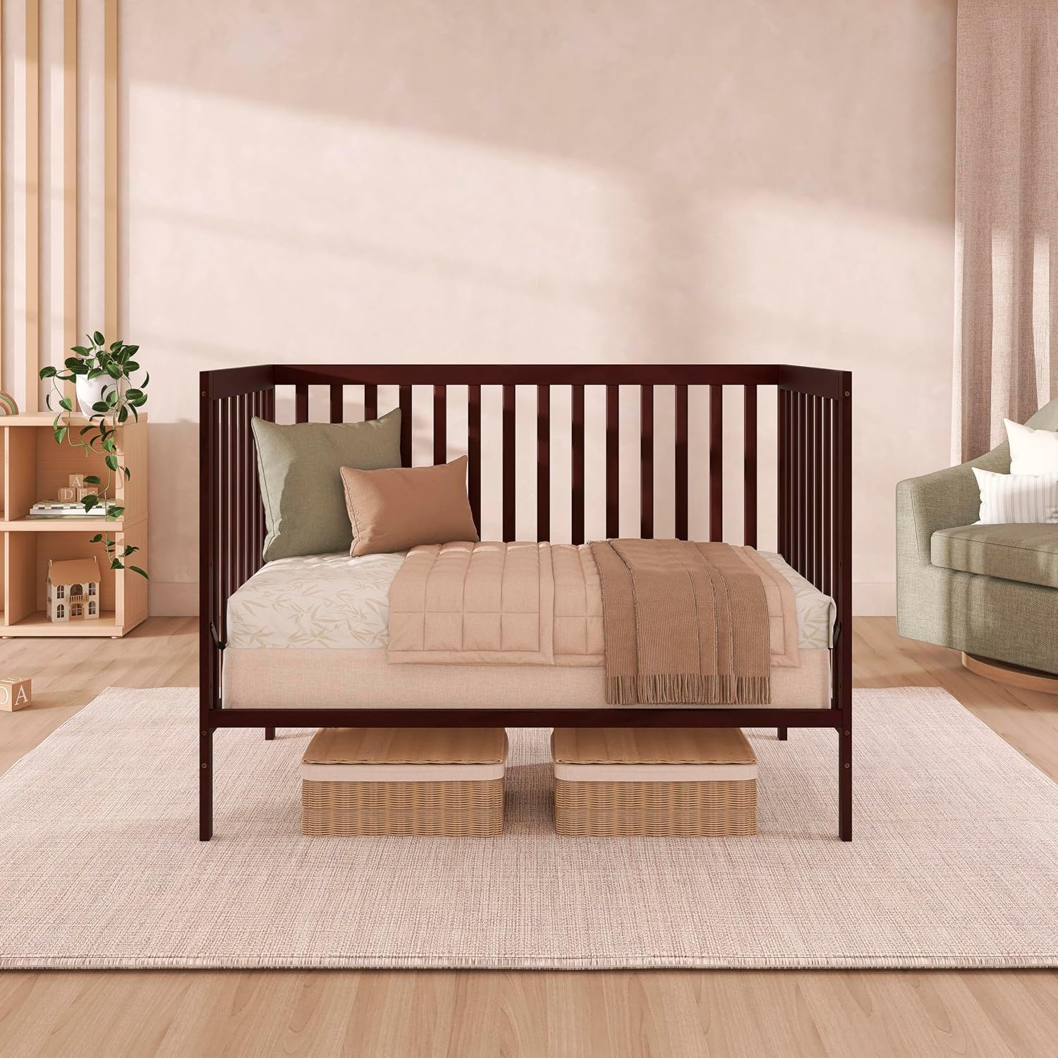 Dream On Me Synergy 5-in-1 Convertible Full-Size Baby Crib with Toddler, Day & Full Bed Conversion in Espresso, GreenGuard Gold & BSA, 3 Mattress Heights, Sustainable Pinewood