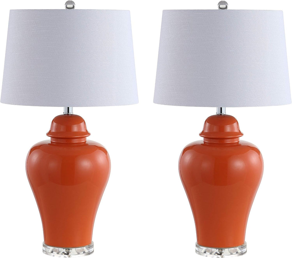 JONATHAN Y 27' Orange Ceramic Urn Table Lamp Set of 2 for Living Room, Bedside Nightstand Lamps for Bedroom, Farmhouse Decor with White Linen Shade, LED Bulbs Included (JYL4020B-SET2)
