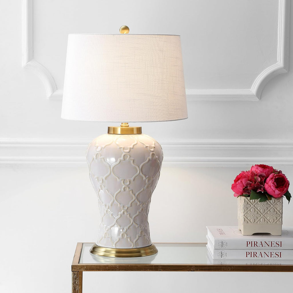 JONATHAN Y 29' Cream Textured Ceramic Table Lamp, Transitional Quatrefoil Trellis Design with White Linen Drum Shade and Brass Accents for Living Room, LED Bulb Included JYL4024A