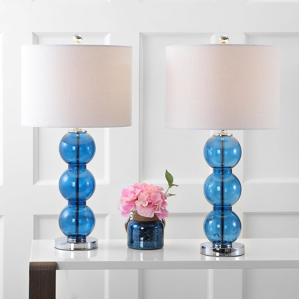 JONATHAN Y 27' Cobalt Blue/Chrome Triple-Sphere Glass Table Lamp Set of 2, Bedside, White Linen Shade, Modern Table Lamps for Living Room, Bedroom, Office, LED Bulbs Included (JYL1070E-SET2)