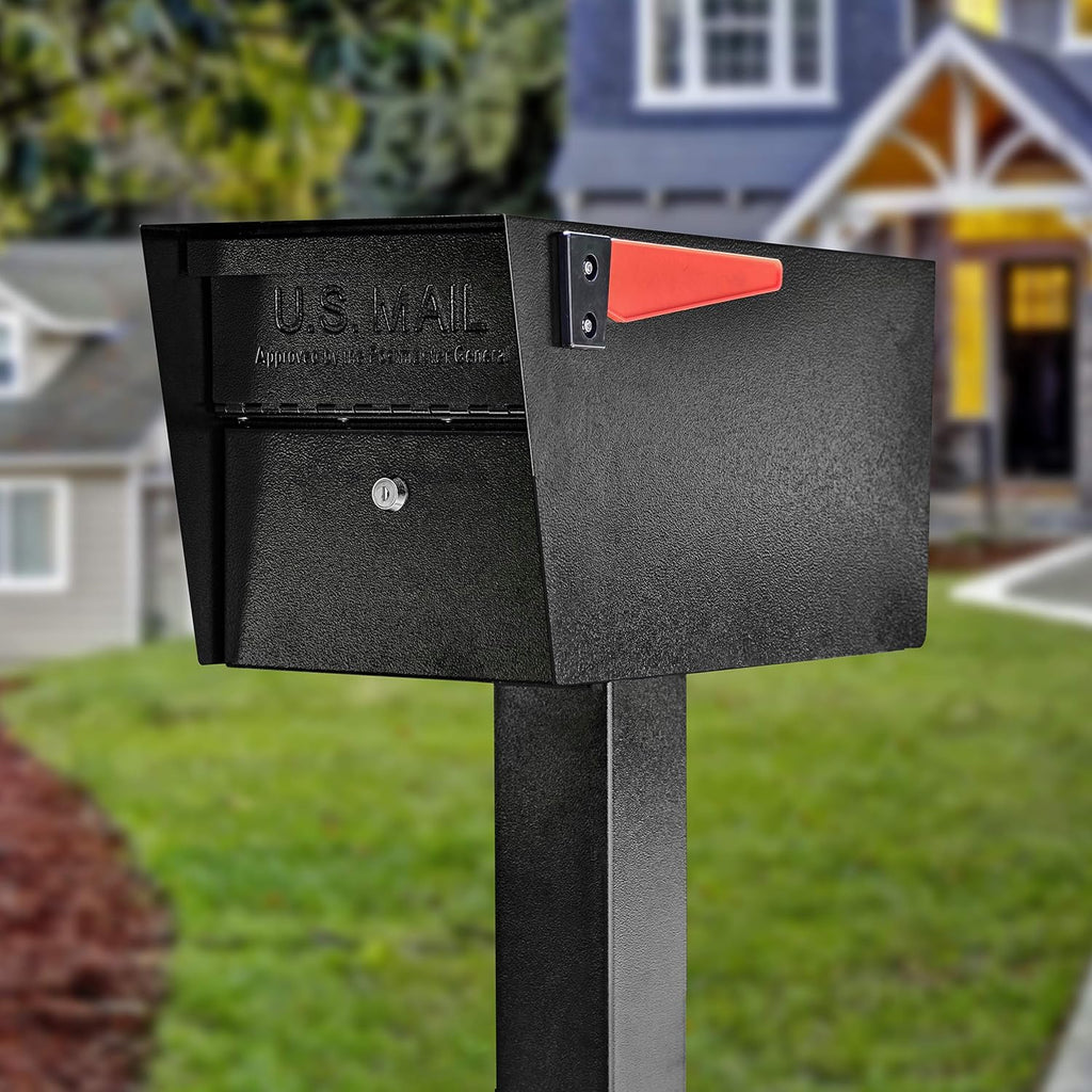 Mail Boss 7506 Mail Manager Curbside Locking Security Mailbox, Black, Large and Mail Boss 7127 Surface Mount, Black Mailbox Post