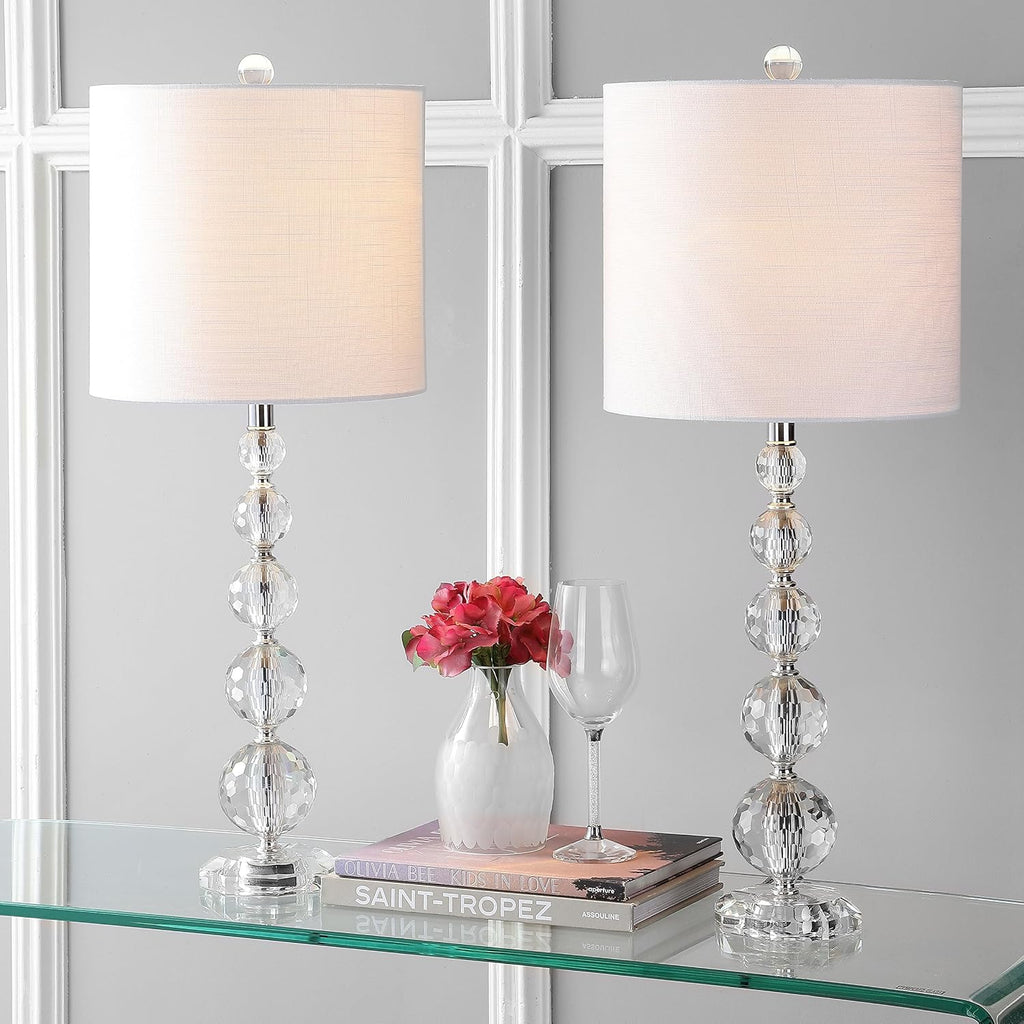 JONATHAN Y 28.5' Clear Crystal Faceted Orb Table Lamp Set of 2, Modern Glam Chrome Bedside Lamps for Living Room, White Linen Drum Shade, UL Listed, LED Bulbs Included JYL5002A-SET2