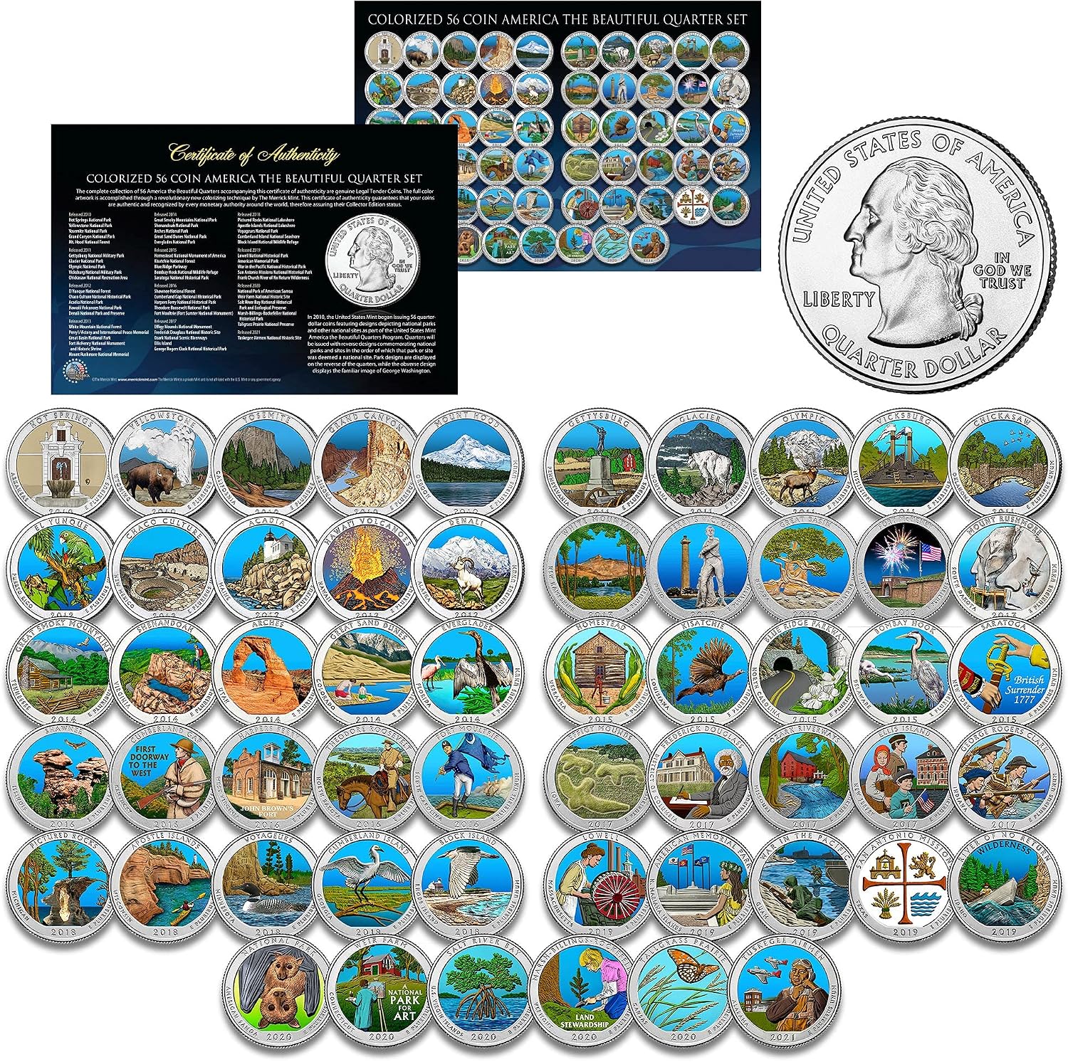 Merrick Mint America The Beautiful Parks U.S. Quarters Colorized 56-Coin Complete Set 2010 Thru 2021 with Certificate and Capsules