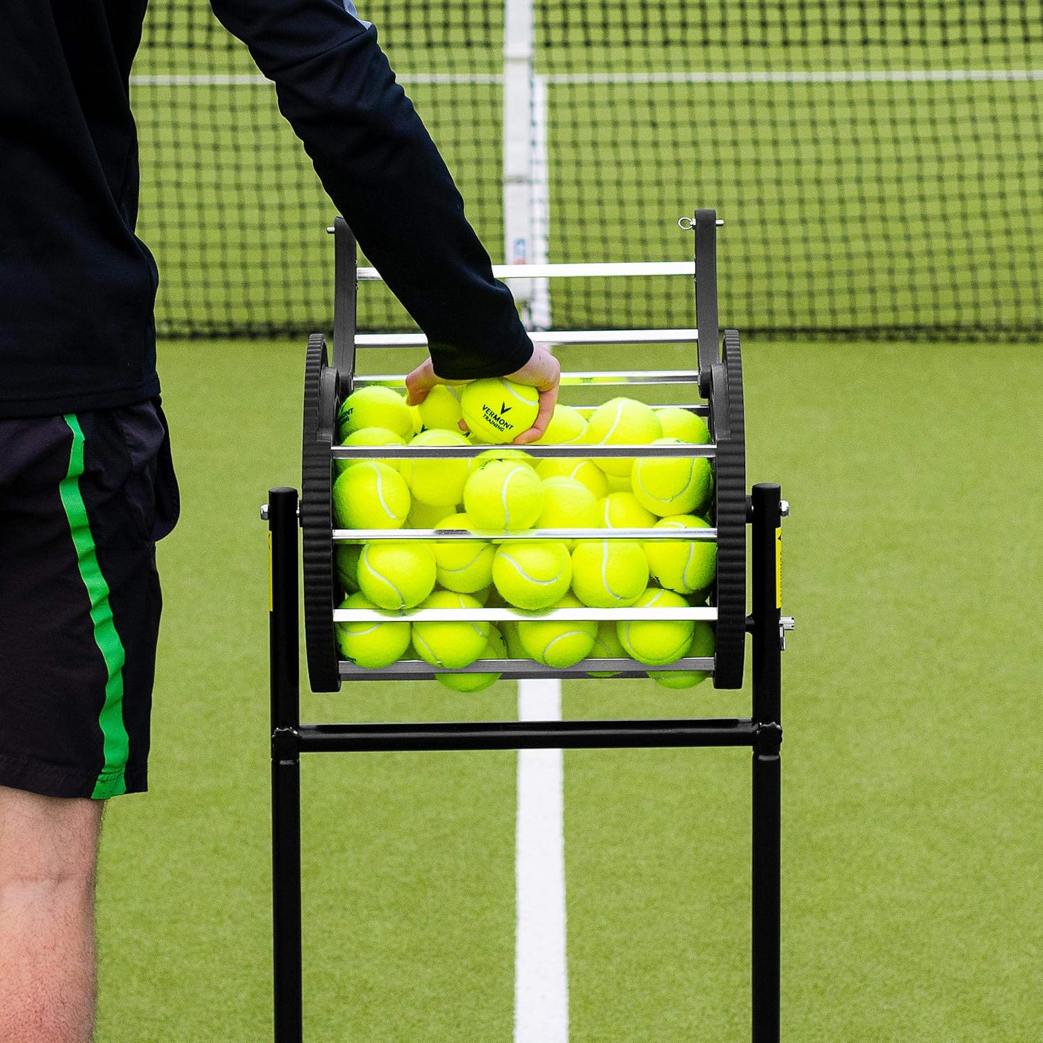 Vermont Tennis Ball Roller Mower & Hopper | 85 Ball Capacity - Convertible Pickup Roller Basket with Quick Release Pins - Lightweight, Durable Frame - Portable Training Equipment