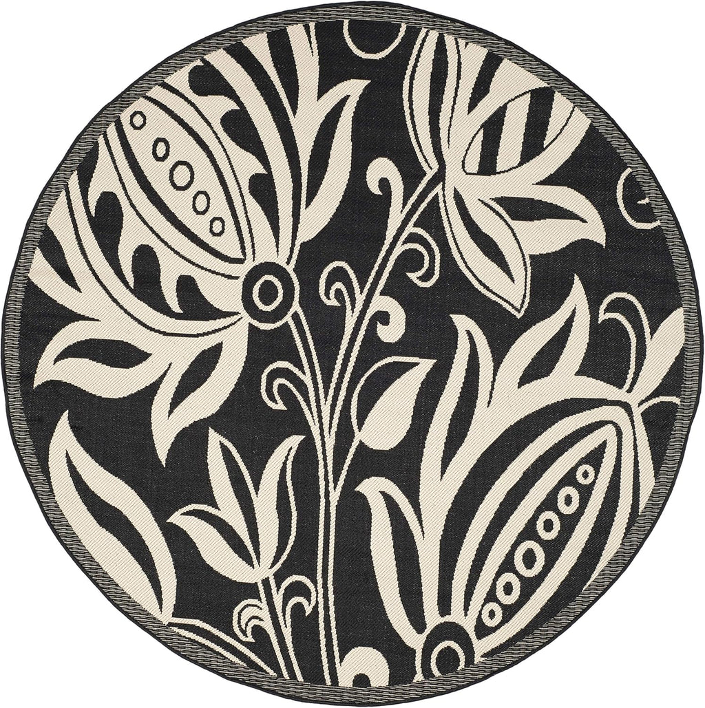 SAFAVIEH Courtyard Collection 7'10' Round Black / Sand CY2961 Floral Indoor/ Outdoor Waterproof Easy-Cleaning Patio Backyard Mudroom Area-Rug