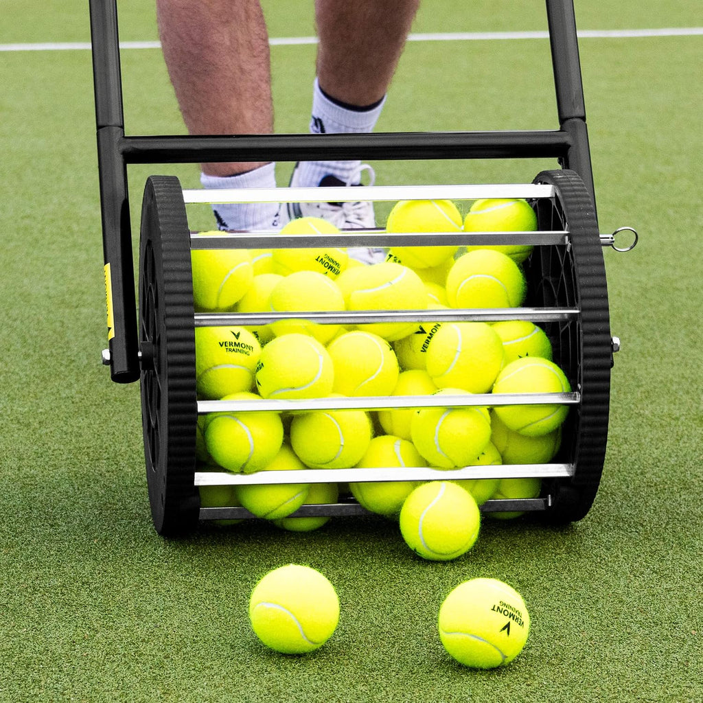 Vermont Tennis Ball Roller Mower & Hopper | 85 Ball Capacity - Convertible Pickup Roller Basket with Quick Release Pins - Lightweight, Durable Frame - Portable Training Equipment