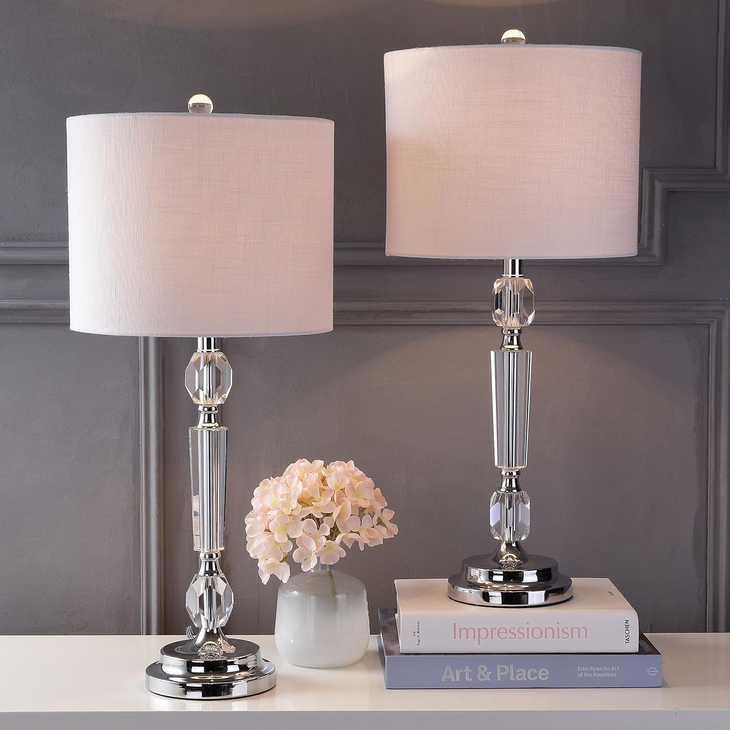 JONATHAN Y 27' Clear Crystal LED Table Lamp Set of 2, Modern Glam Candlestick Bedside Lamps for Living Room Bedroom, Chrome, White Linen Drum Shade, LED Bulbs Included JYL2047A-SET2