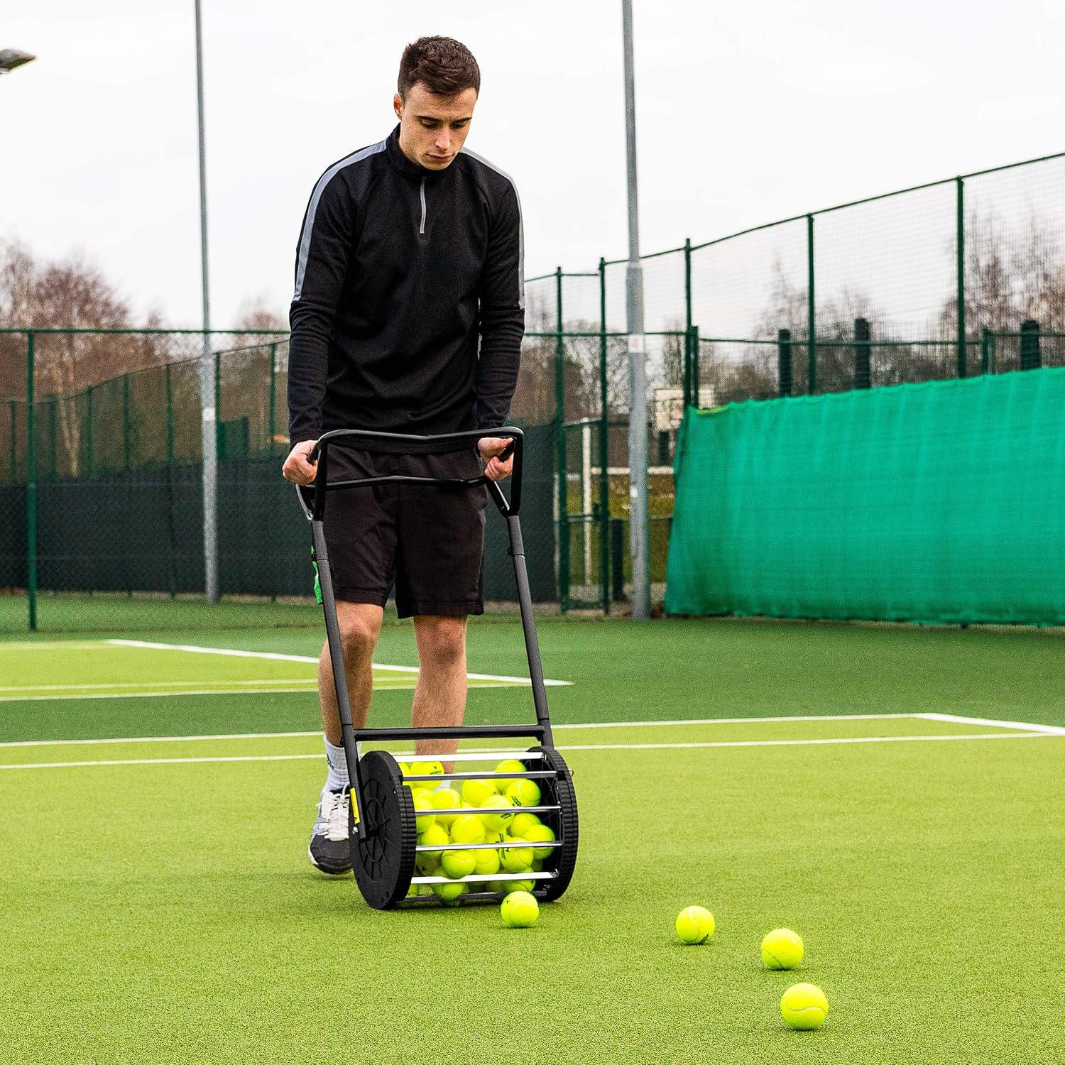 Vermont Tennis Ball Roller Mower & Hopper | 85 Ball Capacity - Convertible Pickup Roller Basket with Quick Release Pins - Lightweight, Durable Frame - Portable Training Equipment