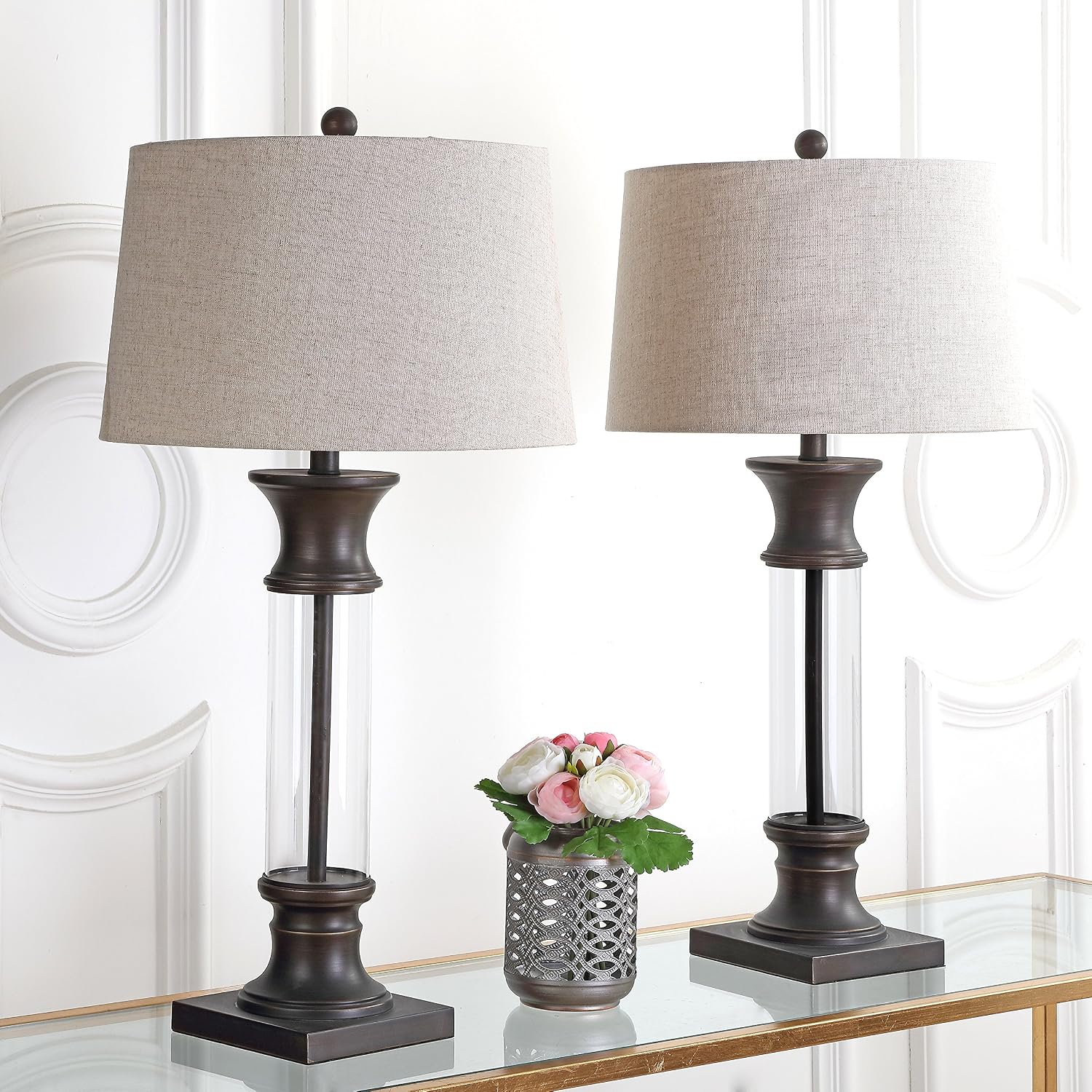 JONATHAN Y 32' Bronze and Clear Glass Table Lamp Set of 2 for Living Room, Rustic Farmhouse Bedside Nightstand Lamps with Gray Linen Drum Shade, LED Bulbs Included JYL4000A-SET2